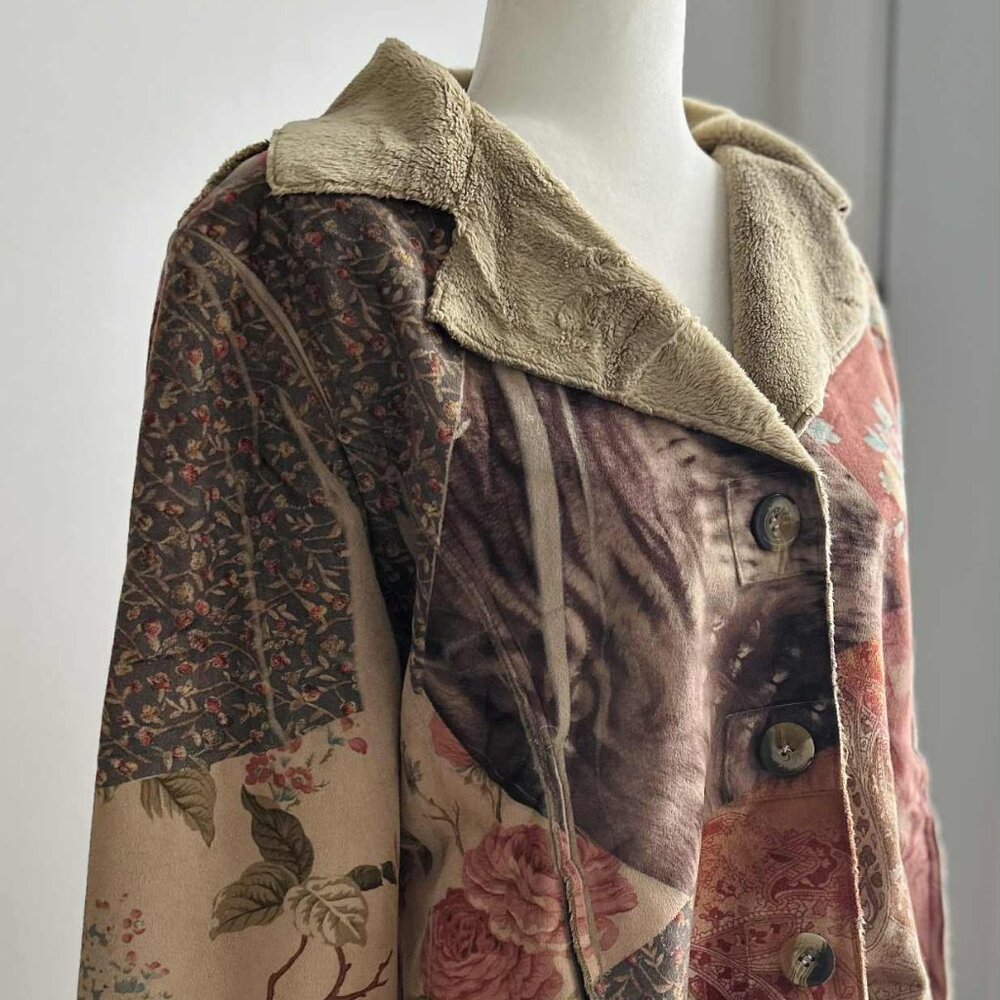 Baya Multicolor Faux Shearling Abstract Art Print Jacket with Pockets – US L
